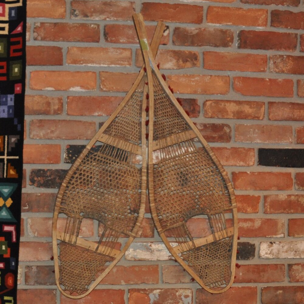 Antique Vintage Hand Crafted Wood & Rawhide Huron Traditional Snowshoes 37" x11"